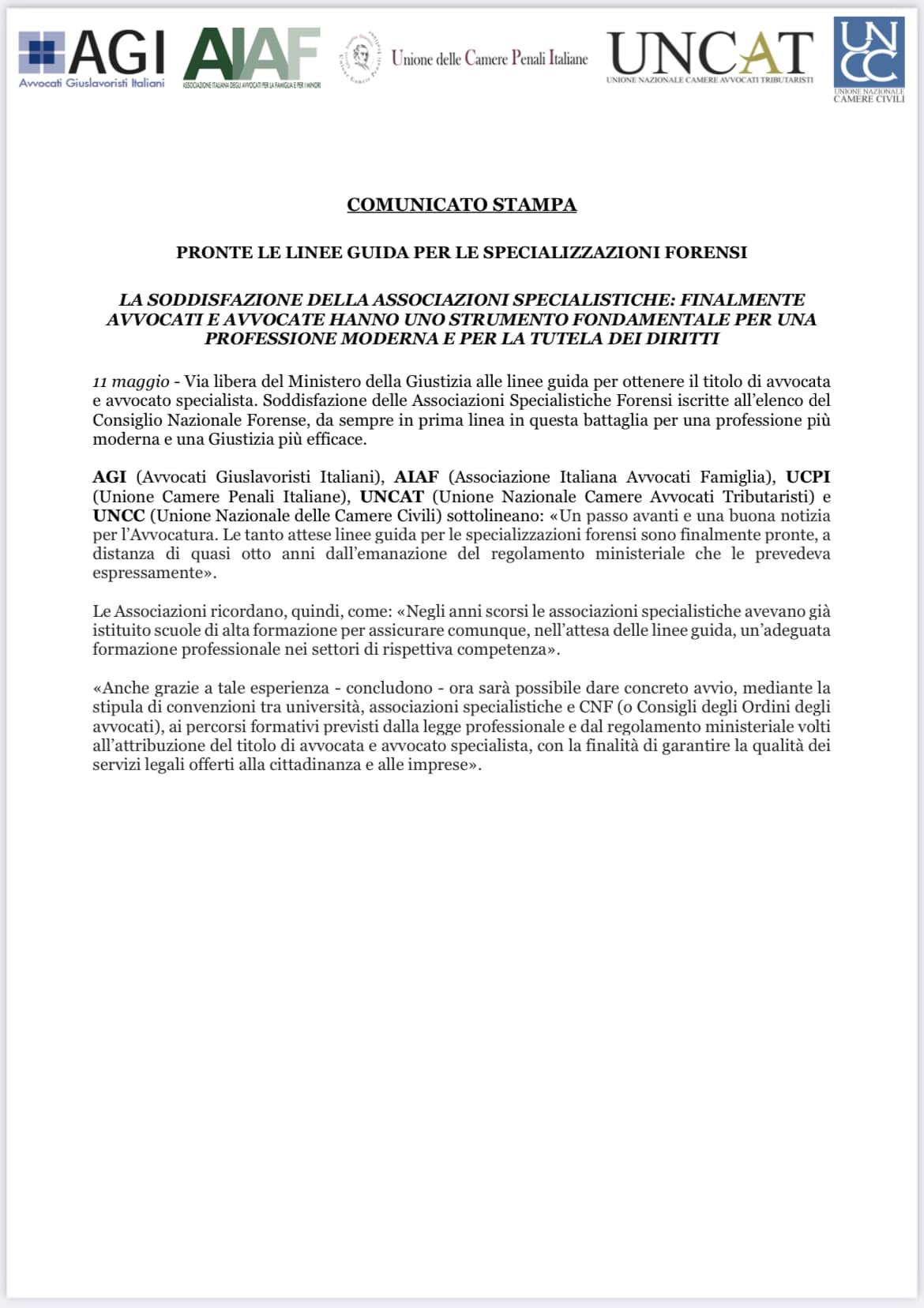 COMUNICATO STAMPA CONGIUNTO: PRONTE LE LINEE GUIDA PER LE SPECIALIZZAZIONI FORENSI