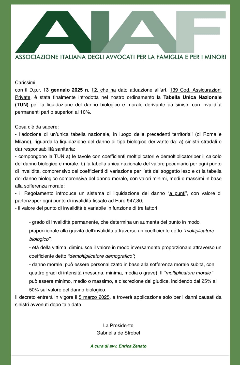 Tabella Unica Nazionale (TUN)  per la liquidazione del danno biologico e morale derivante da sinistri con invalidità permanenti pari o superiori al 10%