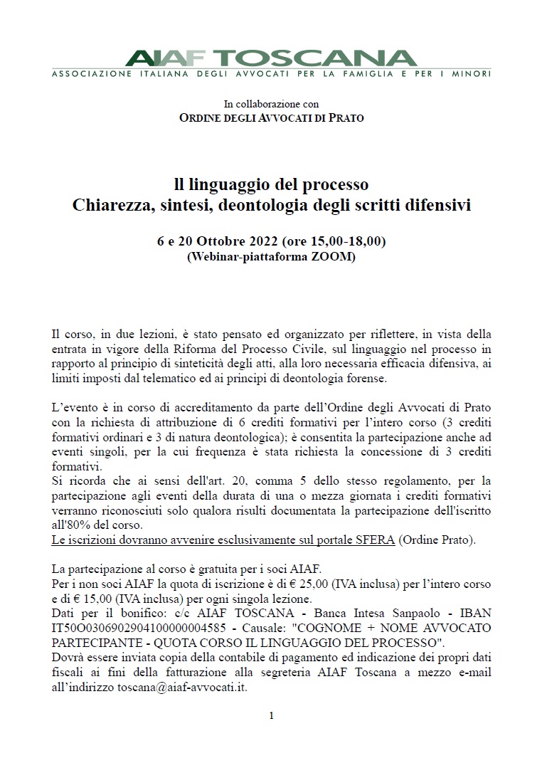 Aiaf Toscana presenta "ll linguaggio del processo Chiarezza, sintesi, deontologia degli scritti difensivi"