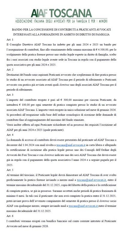 BANDO PER LA CONCESSIONE DI CONTRIBUTI A PRATICANTI AVVOCATI INTERESSATI ALLA FORMAZIONE IN AMBITO DI DIRITTO DI FAMIGLIA